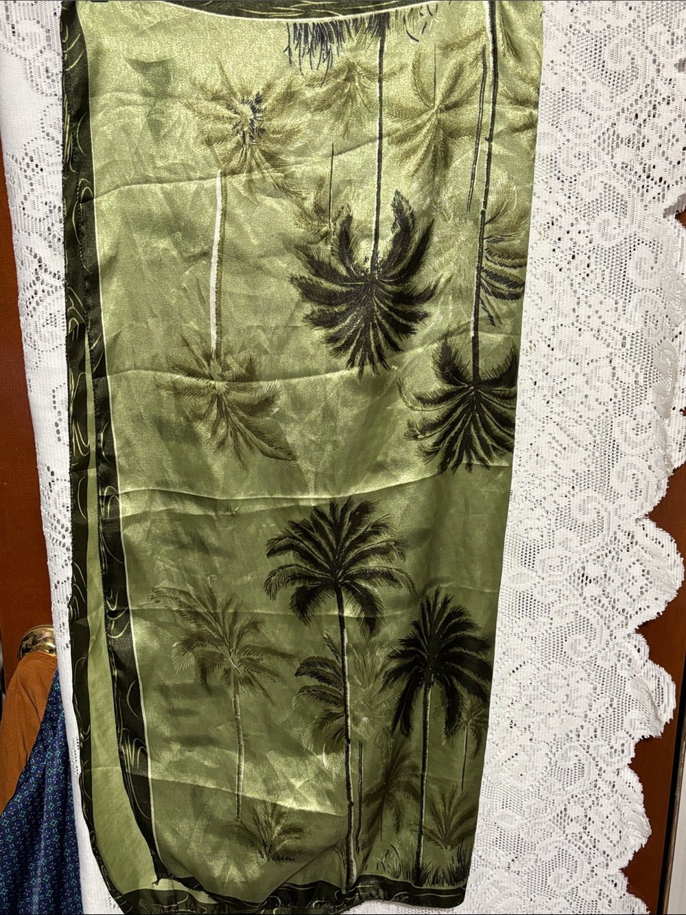 Olive Green Palm-Print Satin Scarf